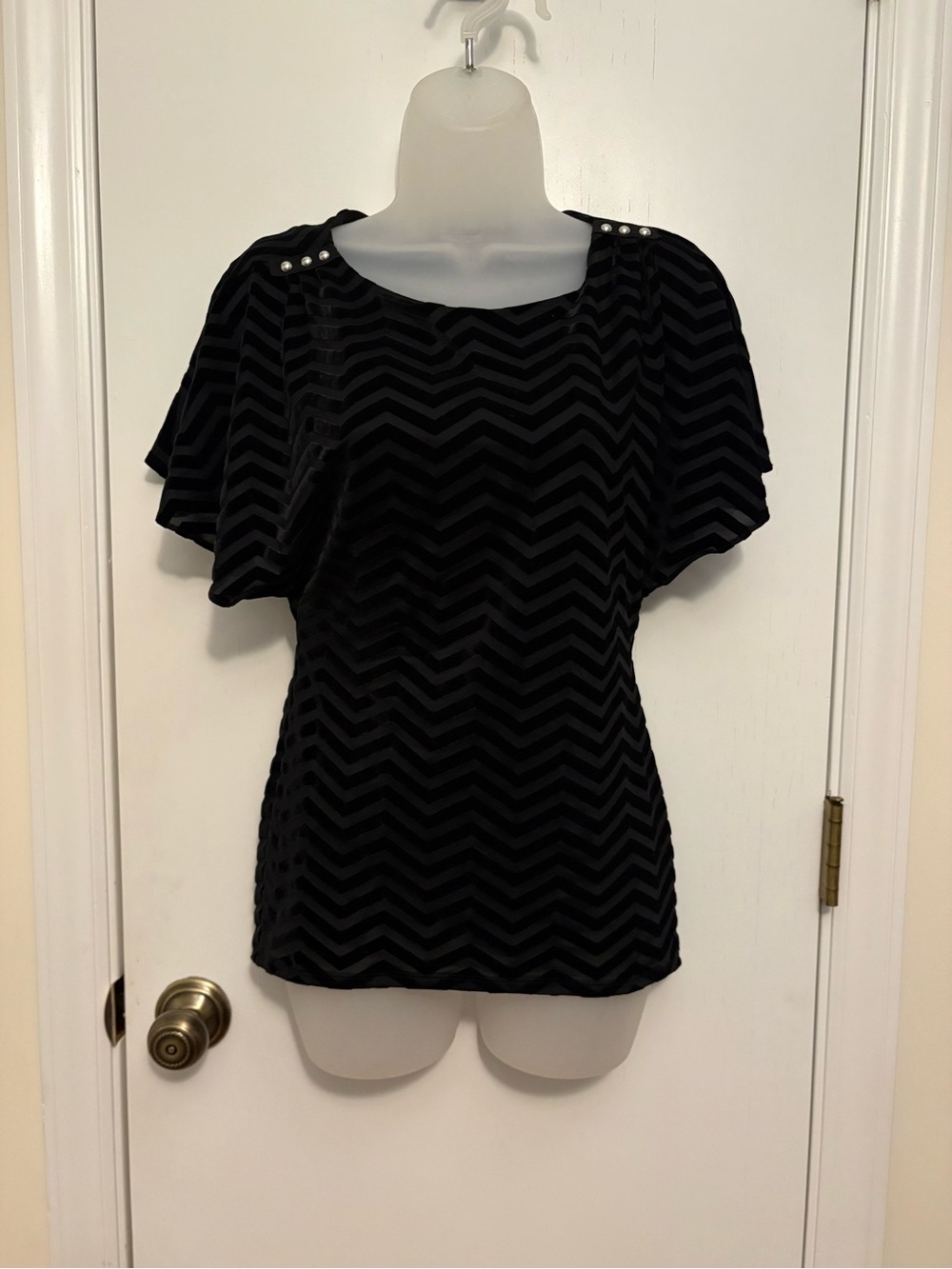 White House Black Market Black Chevron Velvet Top with Stud Shoulder Detail